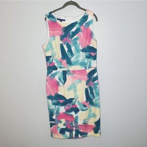 Apt. 9 Size 14 Sleeveless Dress 90's Inspired Brush Stroke Print Teal Pink Cream